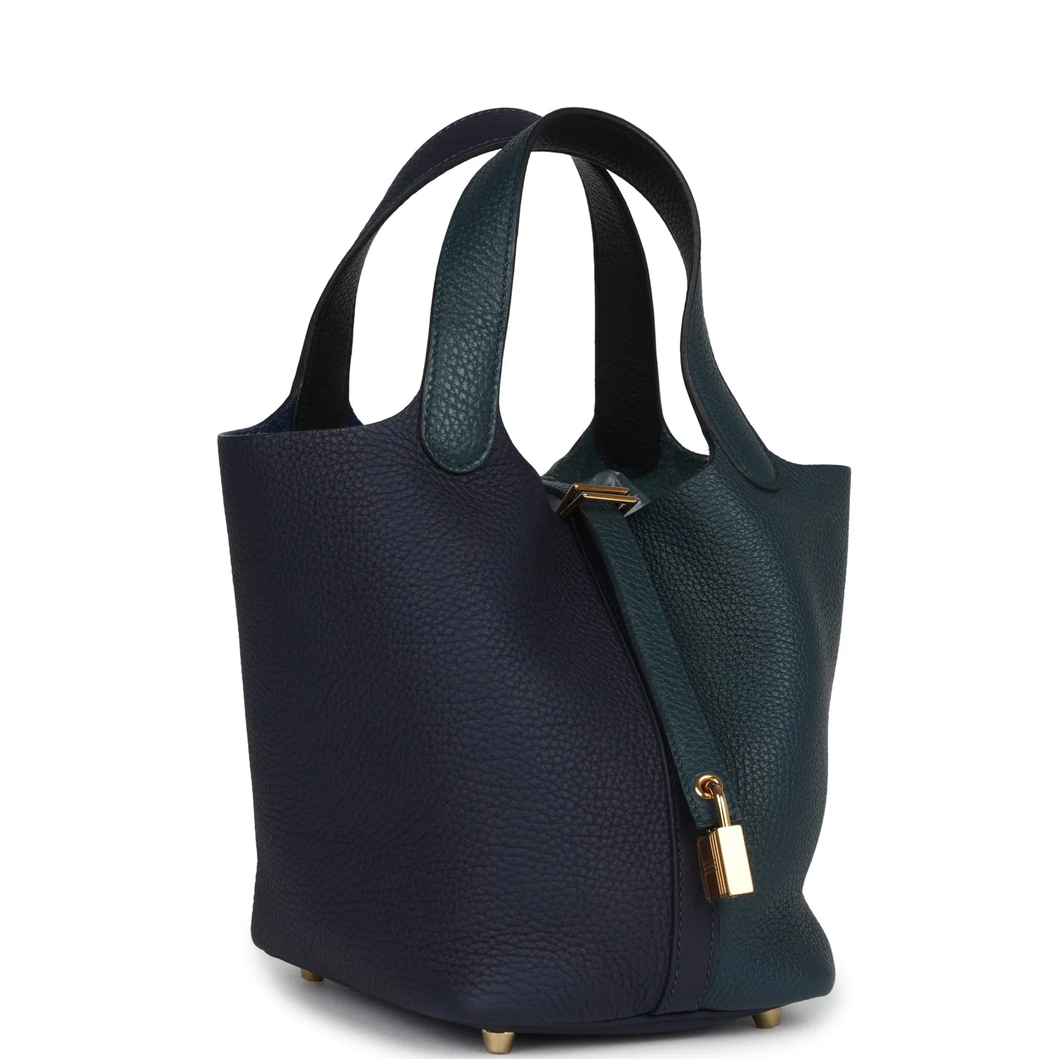 Hermes Picotin Lock  Casaque Bleu Nuit and Vert Cypress Clemence Gold Hardware