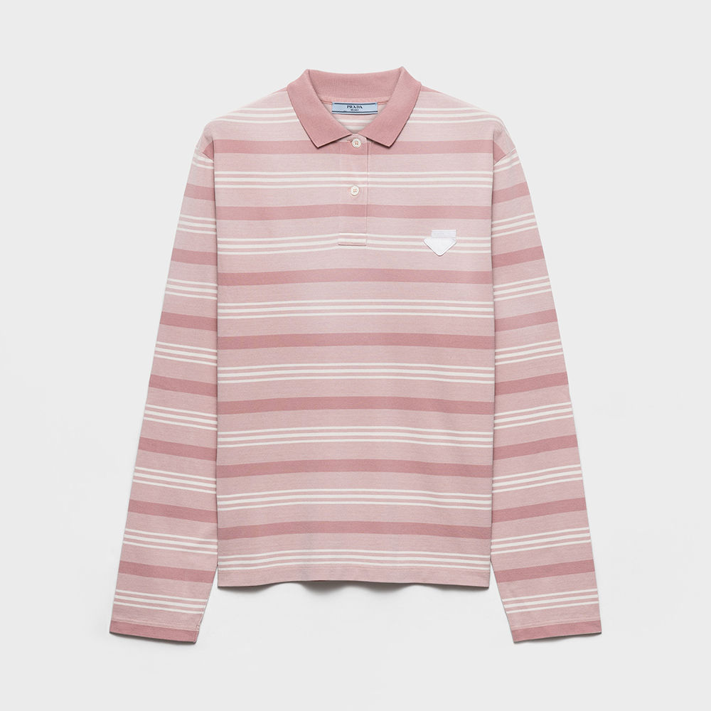PRADA Alabaster Pink Long-sleeved Striped Piqué Polo Shirt #388055