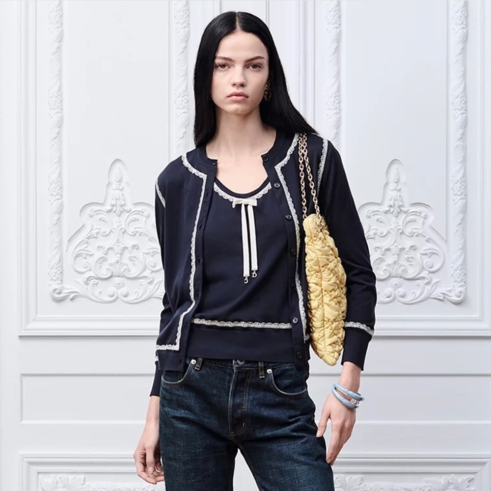 DIOR Cardigan Navy Blue Silk Knit and White Lace #379942