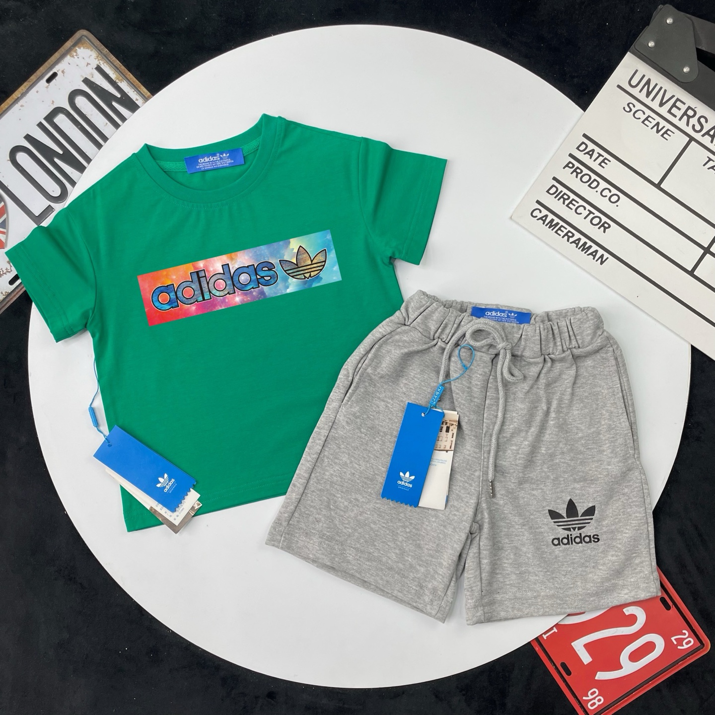 Adidas Unisex Kids 2-Piece Graphic Print Short Sleeve T-Shirt & French Terry Shorts Sport Outfit Boys Girls Separates Available Sizes 90-150