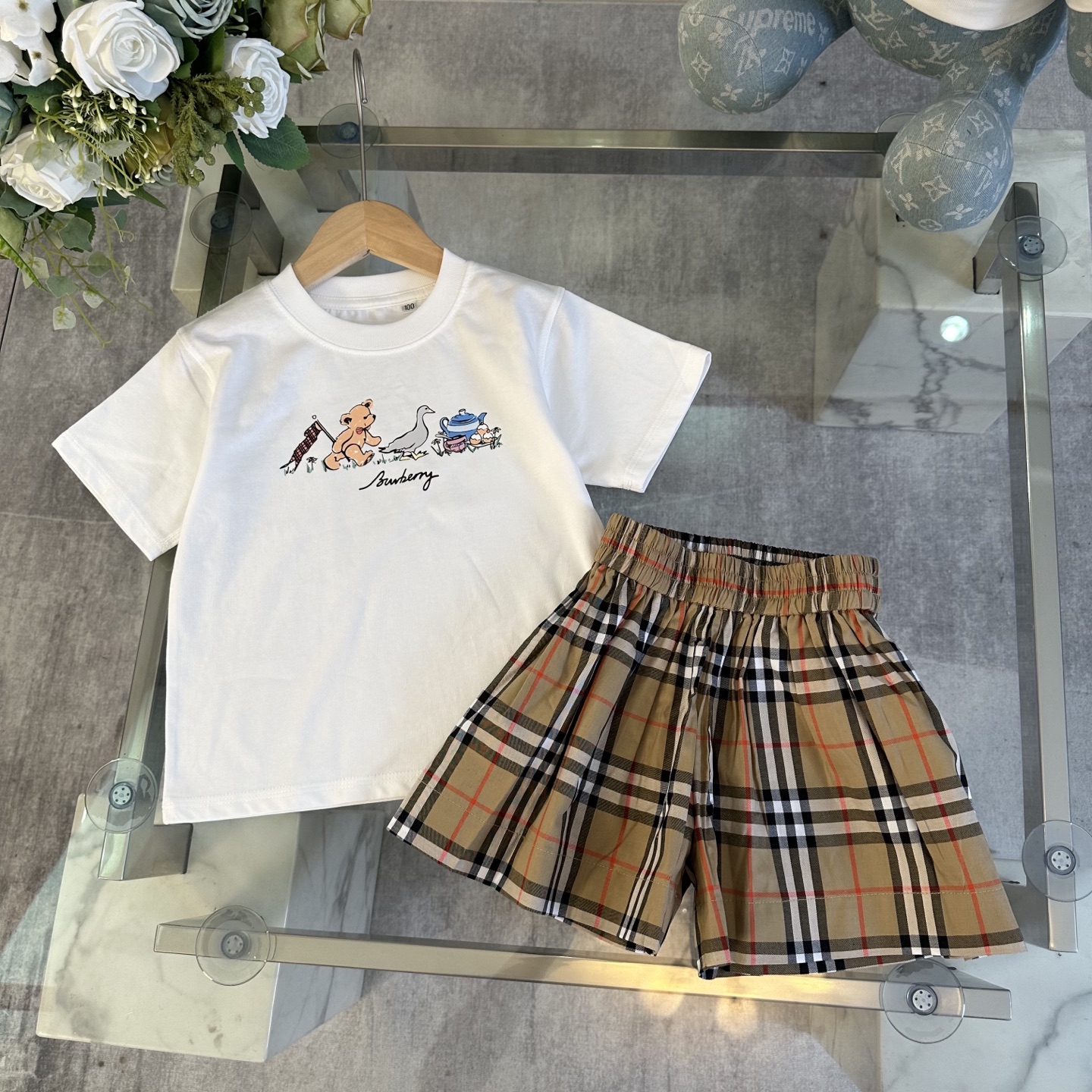 Burberry Unisex Kids Cartoon Bear Tea Party Print White Short Sleeve T-Shirt & Vintage Check Skort 2 Piece Summer Matching Set Boys Girls Sizes 100-160