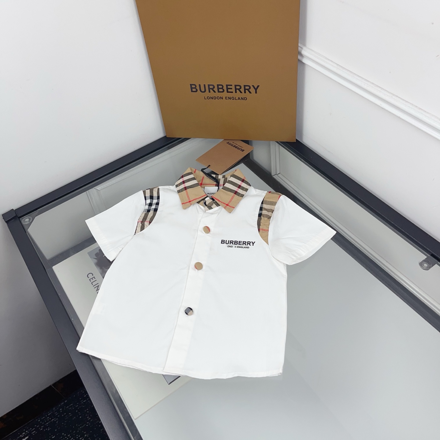 Burberry Unisex Kids White Vintage Check Patchwork Short Sleeve Button Down Shirt Boys Girls Contrast Button Cotton Casual Top Sizes 90-150