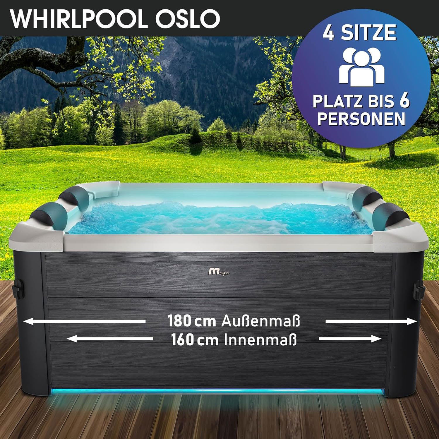 BRAST® Whirlpool MSpa Oslo Plus XXL with Fixed Outer Wall LED Lighting 20 Adjustable Colours for 6 People 180 x 180 x 65 cm