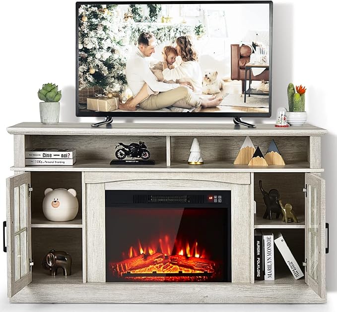 SIMOE Modern 48 Inch Electric Fireplace TV Stand, Fireplace TV Console for TVs up to 50 Inches with Two Open Shelves and Cabinets