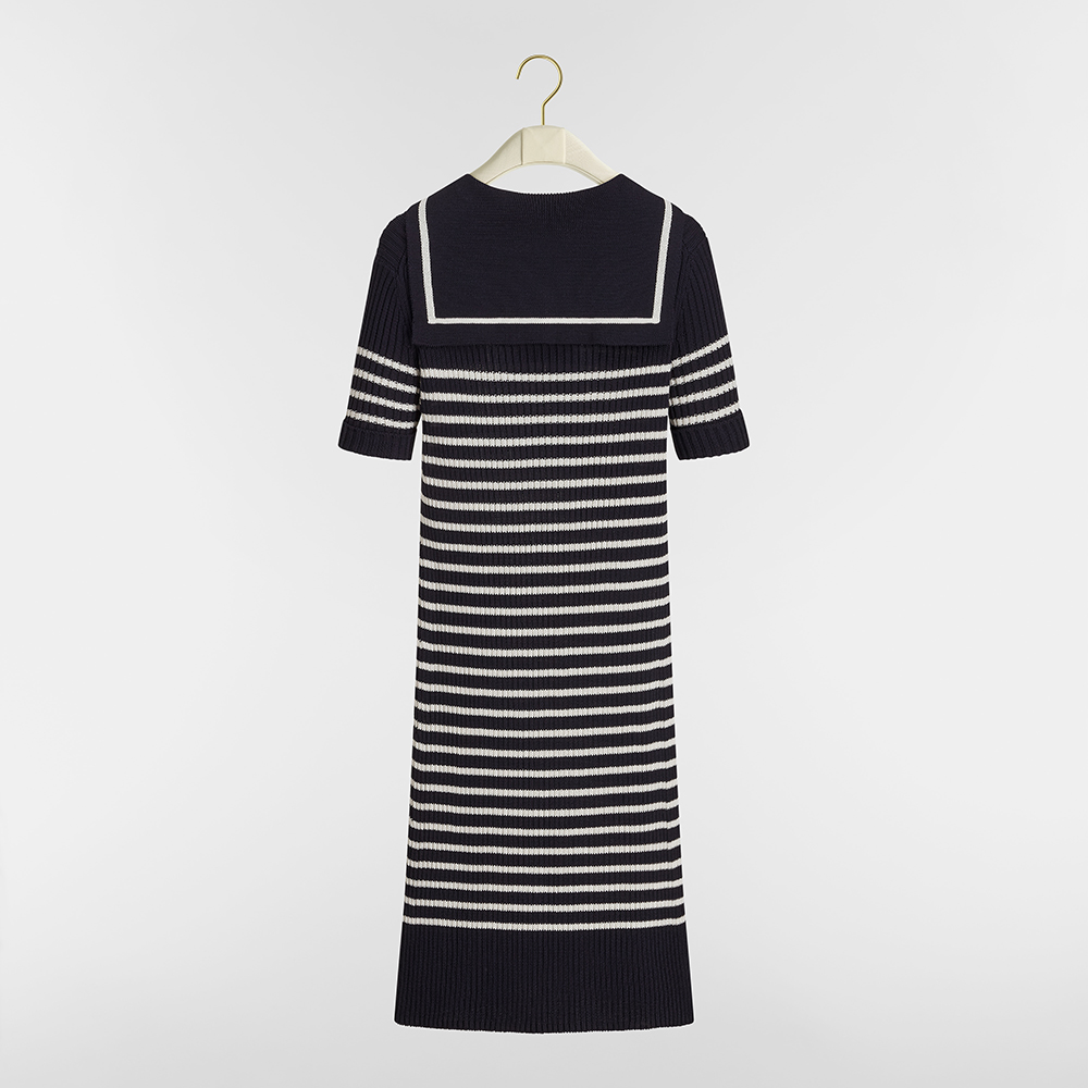 DIOR Dioriviera Dior Marinière Straight Dress with Sailor Collar Navy Blue and White Ribbed Cotton Knit #387480