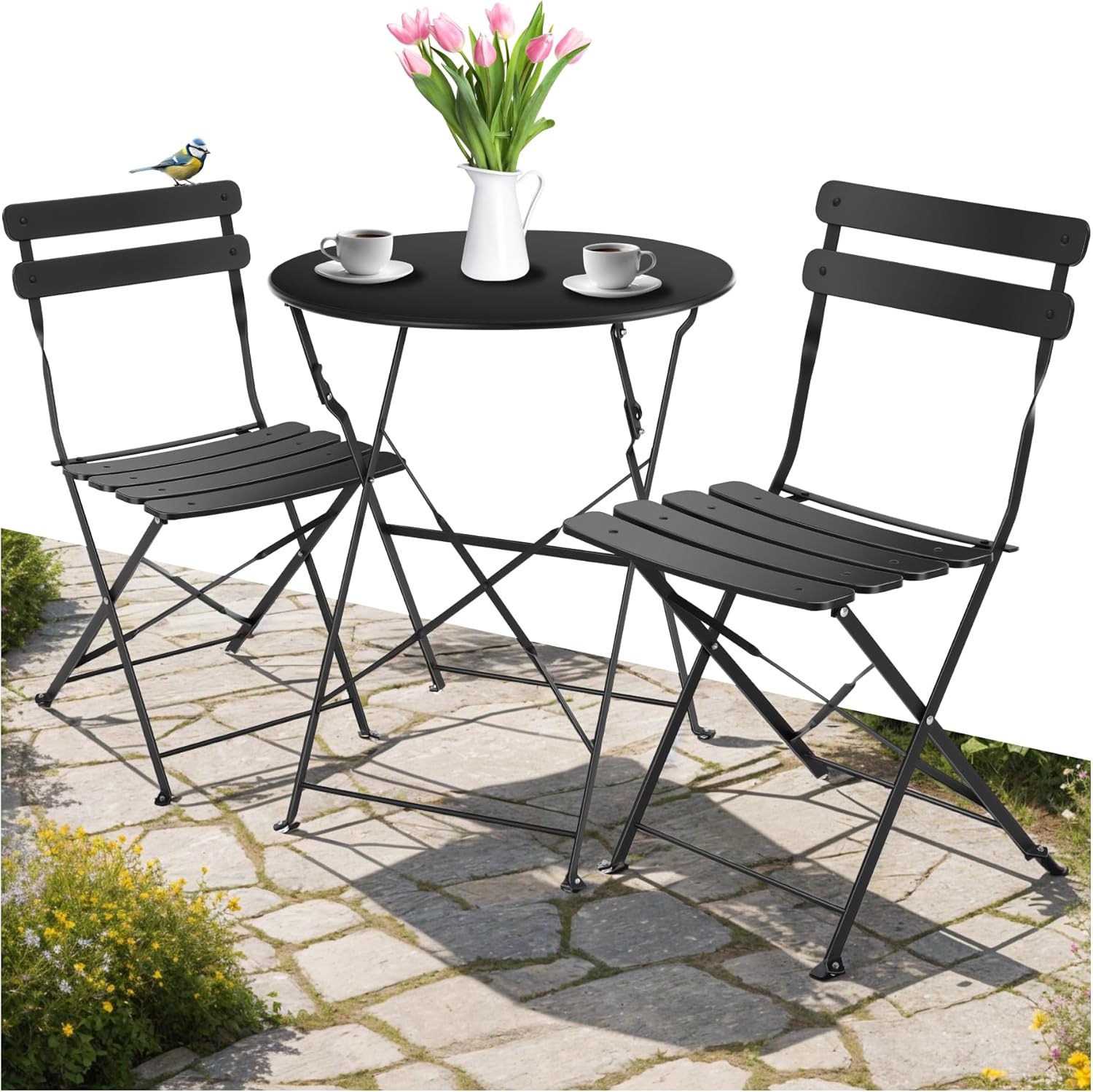 2-Person Outdoor Bistro Table and Folding Chairs Set – Round Coffee Table & Bar Seating, Epoxy-Coated Steel Garden Furniture for Balcony, Patio & Terrace