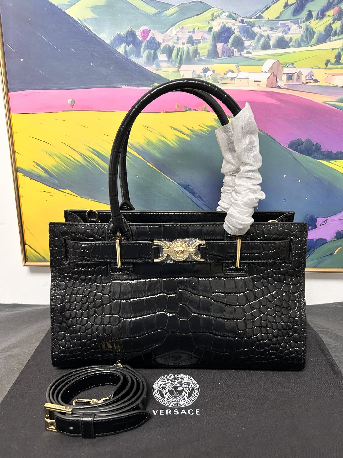 [TOP] VERSACE Medusa95 Bag Crocodile-patterned Cowhide 31x10.5x19cm- Black - 711 Luxury