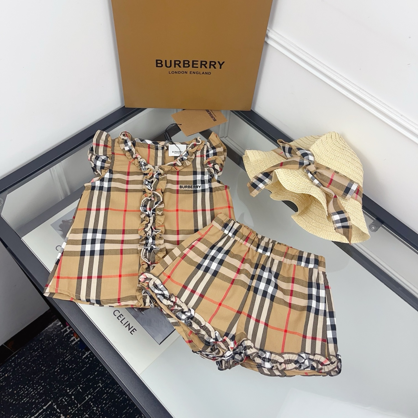 Burberry Girls Vintage Beige Plaid Ruffle Sleeveless Top & Fringe Shorts Three Piece Matching Set With Straw Hat Kids Sizes 100-160