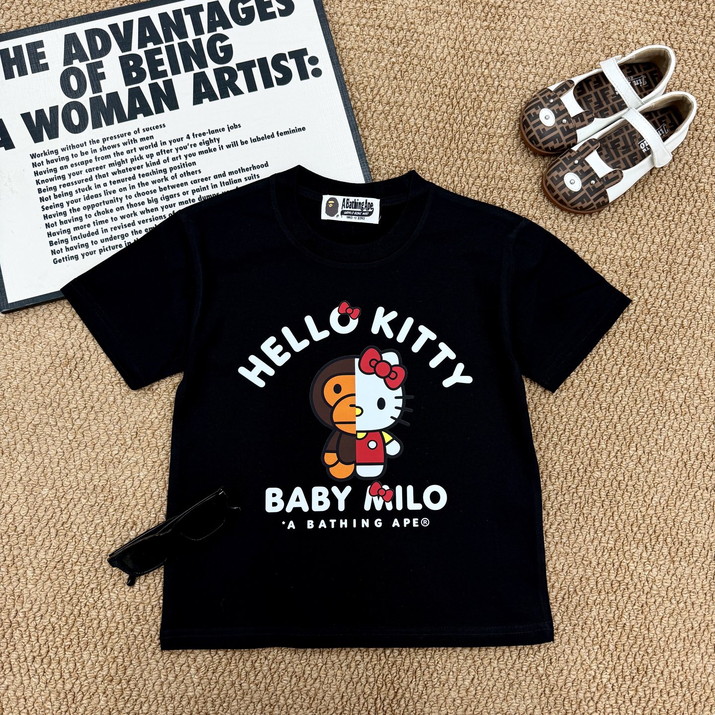 Bape A Bathing Ape Unisex Kids Bape X Hello Kitty Split Half Face Baby Milo Graphic Crew Neck Cotton Short Sleeve T-Shirt Boys Girls Sizes 90-160 Black