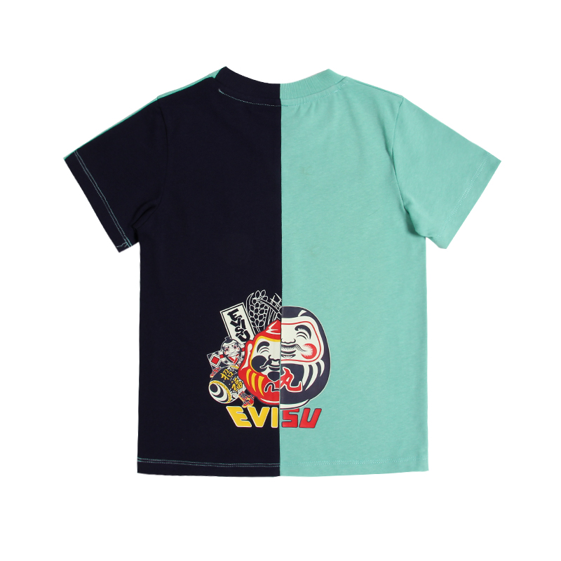 Evisu Unisex Kids Mint Green Black Color Block Daruma Graphic Cotton Short Sleeve T-Shirt Boys Girls Sizes 100-160