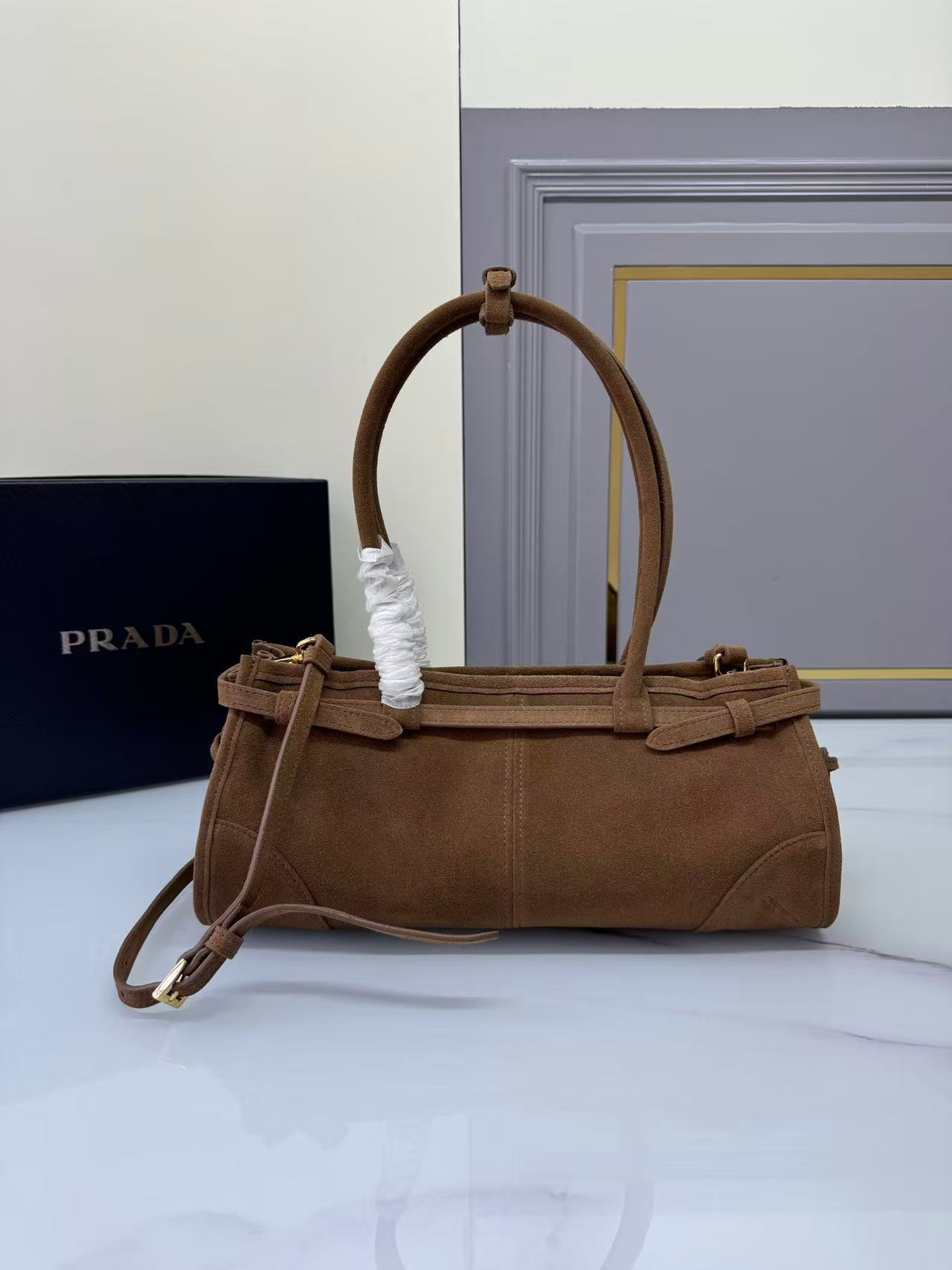 [TOP] PRADA LusSolf Bag Suede 32x15.5x12cm - Chocolate - 711 Luxury