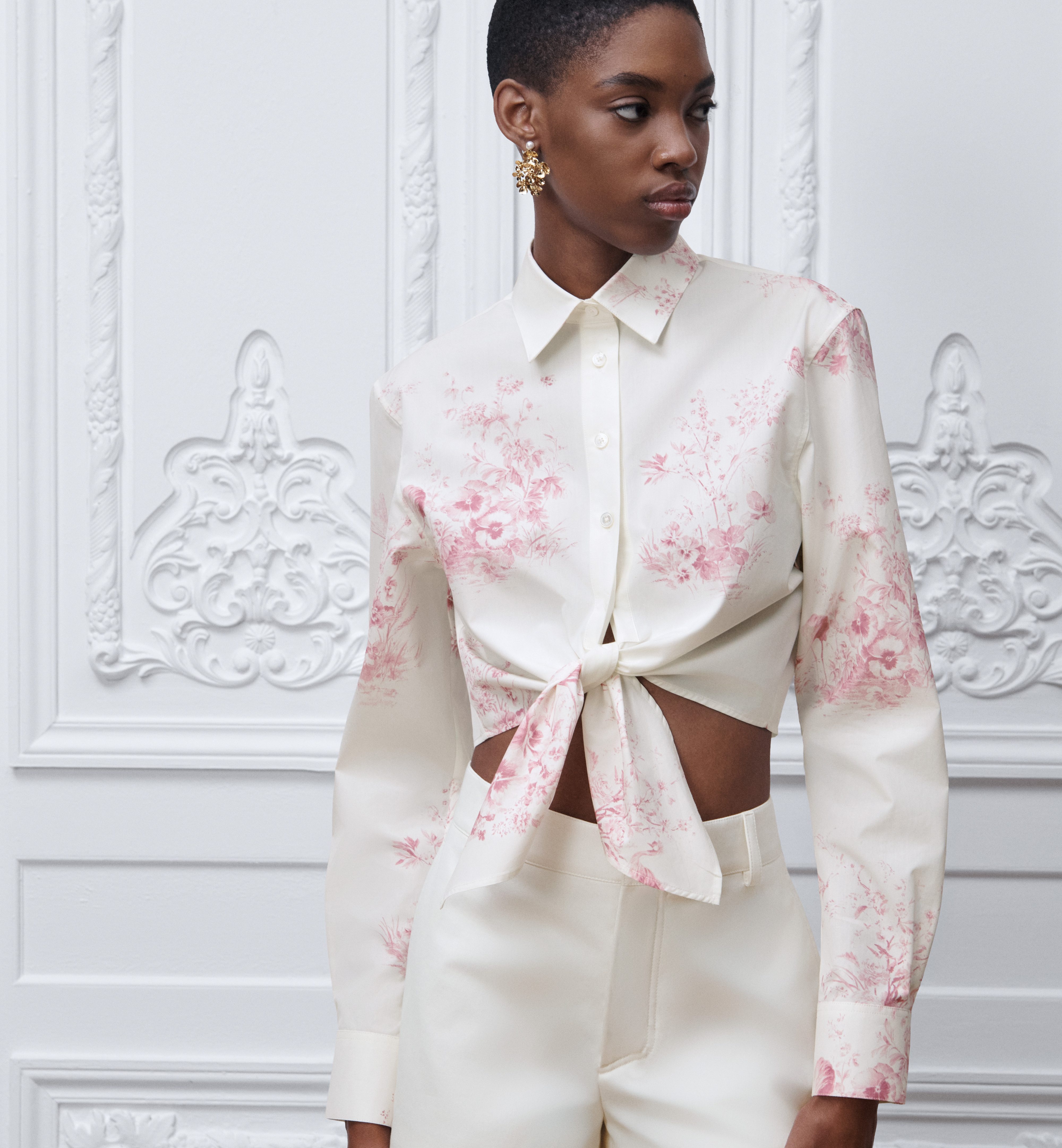 DIOR Dioriviera Tied Cropped Blouse White and Pink Toile de Jouy Floral Garden Cotton Poplin #384691