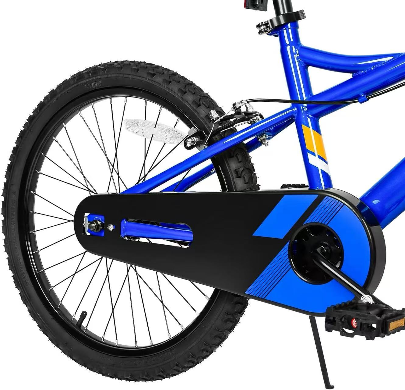 Close-up of the kids bike rear wheel with training wheel and kickstand for added balance and support.