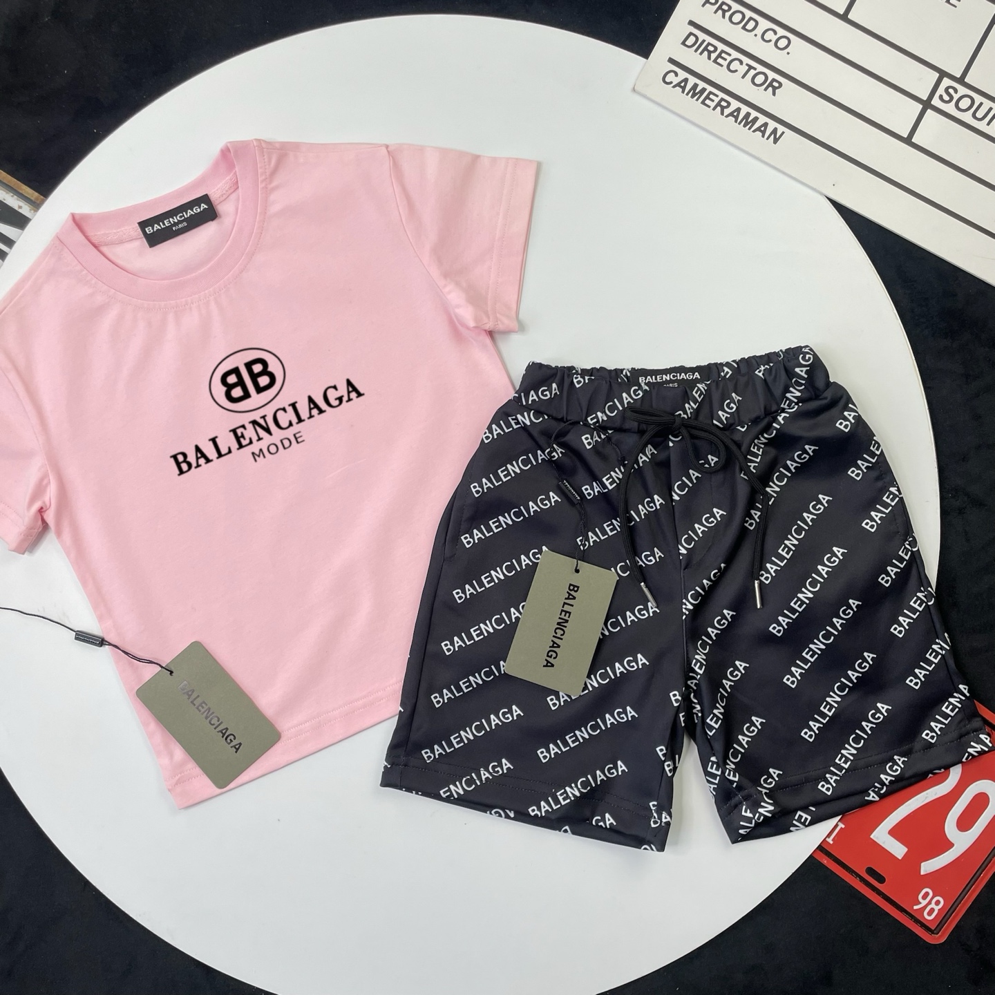 Balenciaga Unisex Kids Light Pink Circle BB Mode Print Short Sleeve T-Shirt & Black All Over Letter Print Casual Shorts 2 Piece Set Boys Girls Sizes 90-150