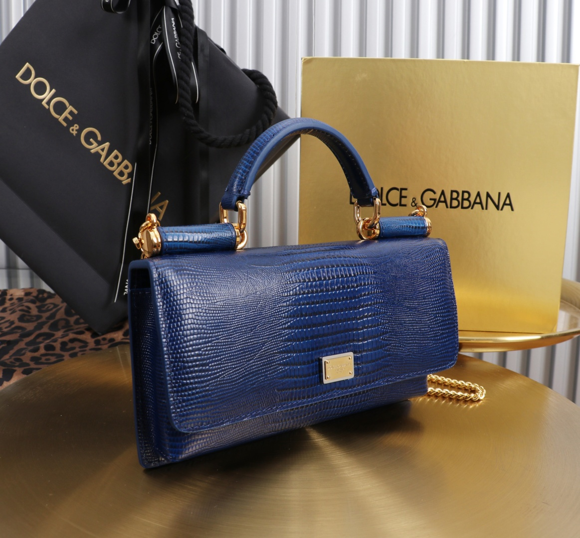 [TOP] Dolce & Gabbana D&G Bag Lizard-patterned Cowhide Bag 20x11x3cm -Dark Blue - 711 Luxury
