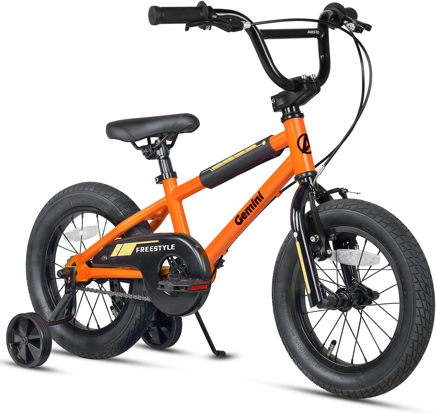 Orange 16-inch kids bicycle with training wheels, freestyle design, and black rims.