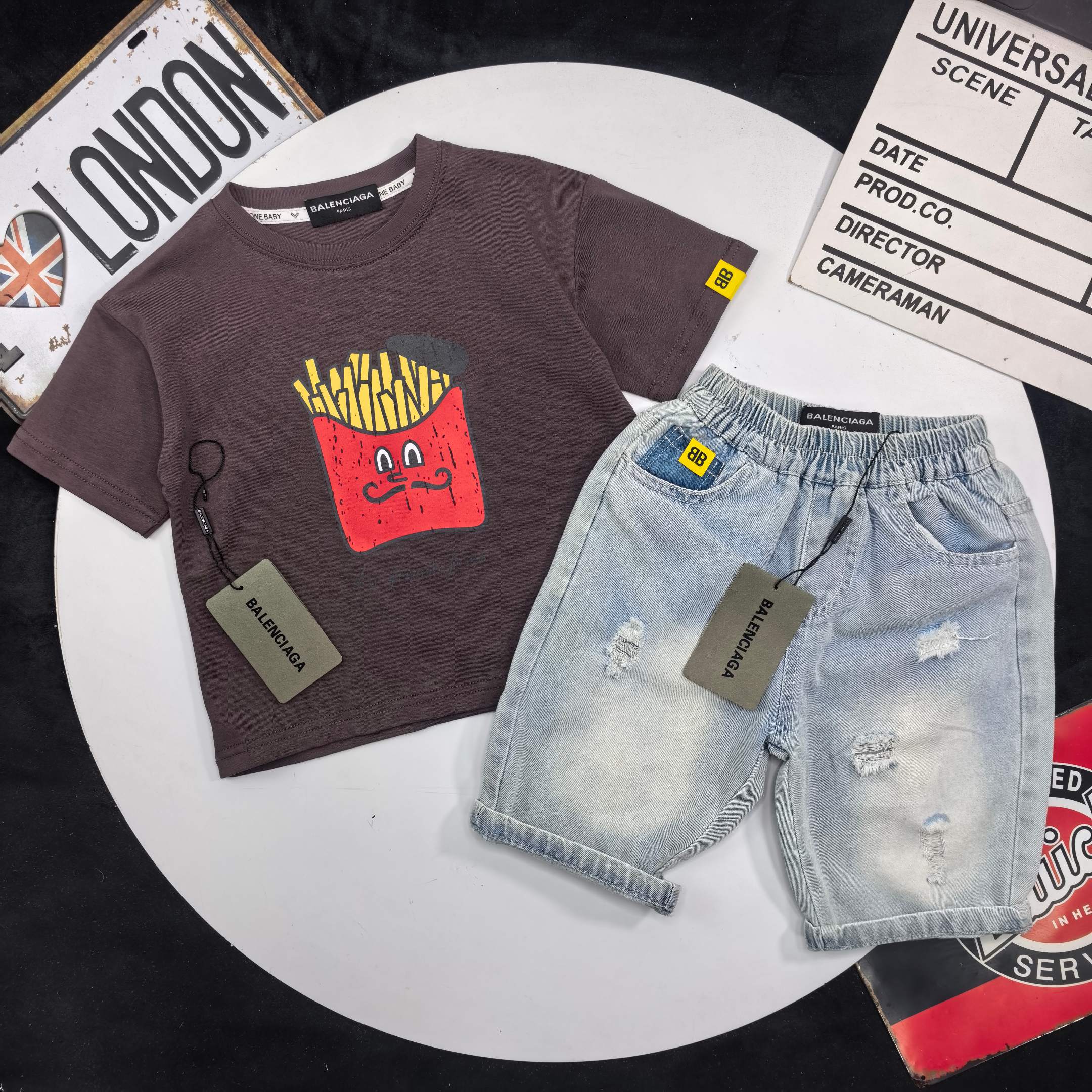 Balenciaga Unisex Kids Cartoon French Fries Print Short Sleeve T-Shirt & Ripped Washed Denim Shorts 2 Piece Set Boys Girls Sizes 90-150