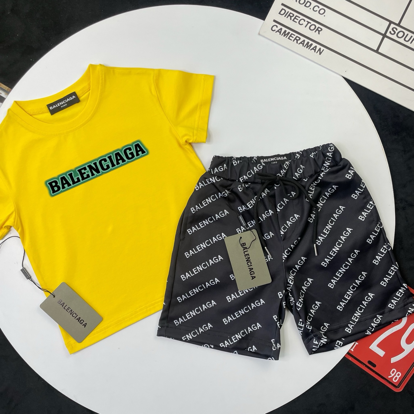 Balenciaga Unisex Kids Bright Yellow Green Glow Border Logo Short Sleeve T-Shirt & Black All Over Letter Print Casual Shorts 2 Piece Set Boys Girls Sizes 90-150