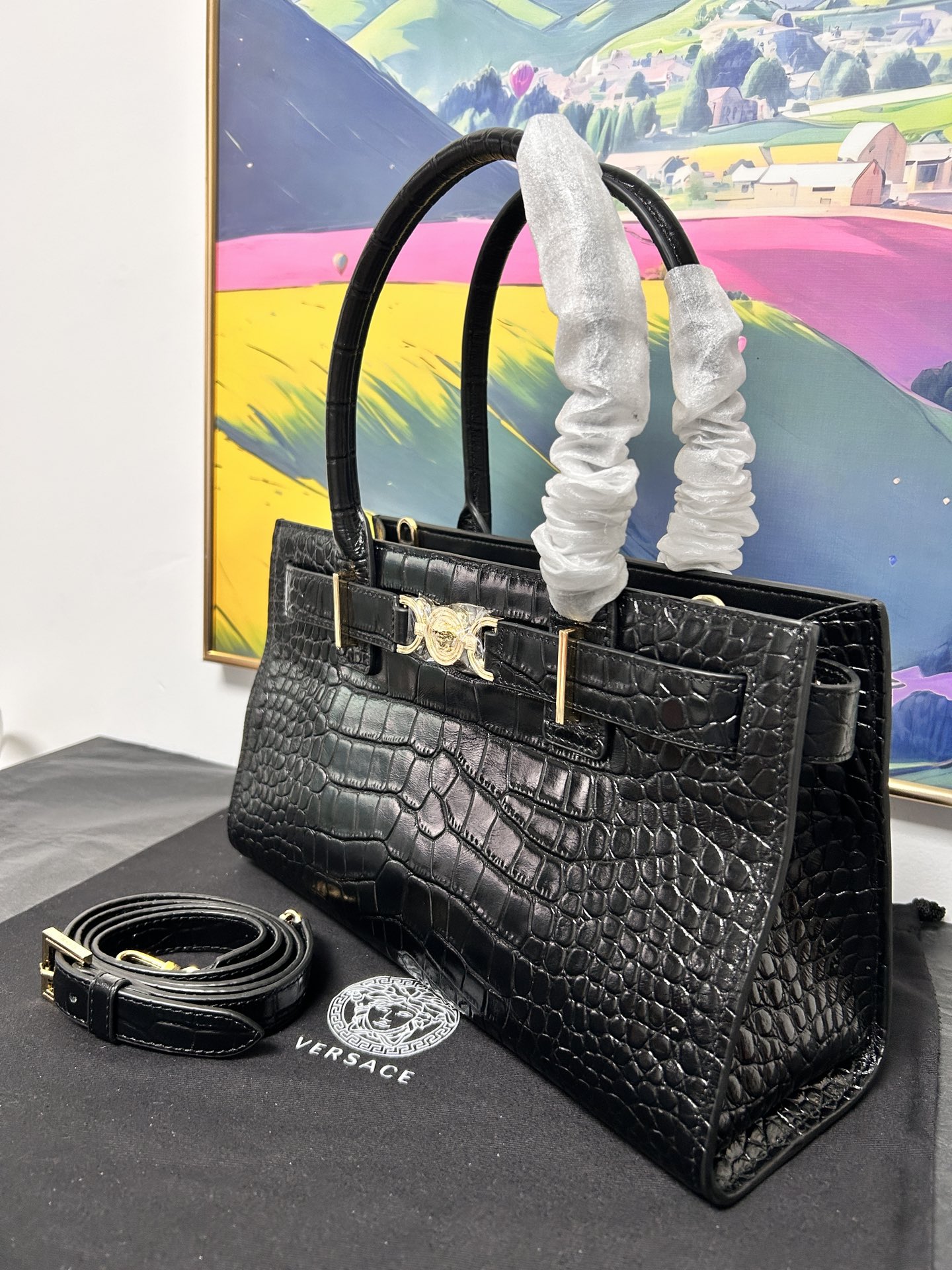 [TOP] VERSACE Medusa95 Bag Crocodile-patterned Cowhide 31x10.5x19cm- Black - 711 Luxury