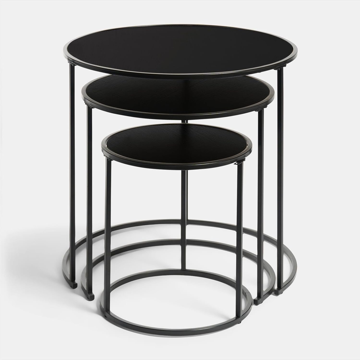 OHS Nest of Tables Set of 3, Stacking Side Tables Living Room Wooden Stylish Decorative Coffee Table Sturdy Metal Frame Easy Assembly Round End Table, Dark Wood