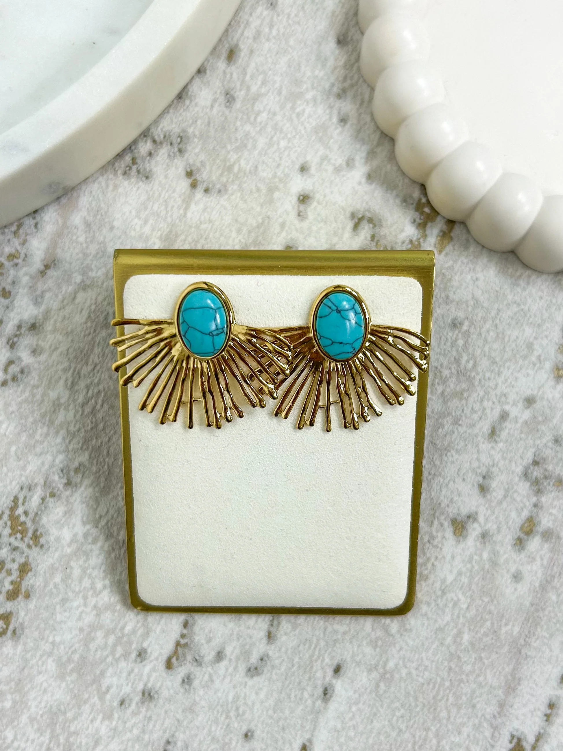 Turquoise Oval Stone Gold Fan Earrings