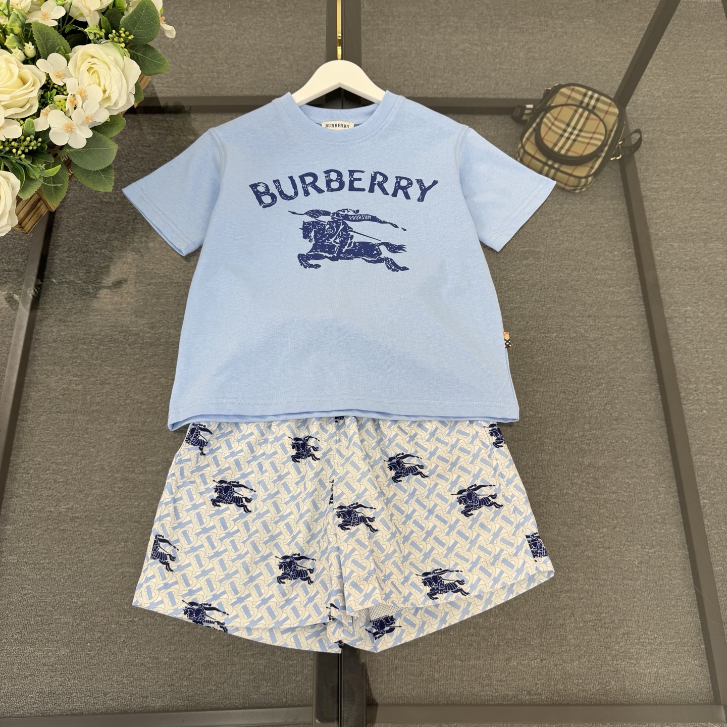 Burberry Unisex Kids Light Blue Knight Logo Short Sleeve T-Shirt & All Over Knight Print Drawstring Shorts Two Piece Set Boys Girls Sizes 100-160