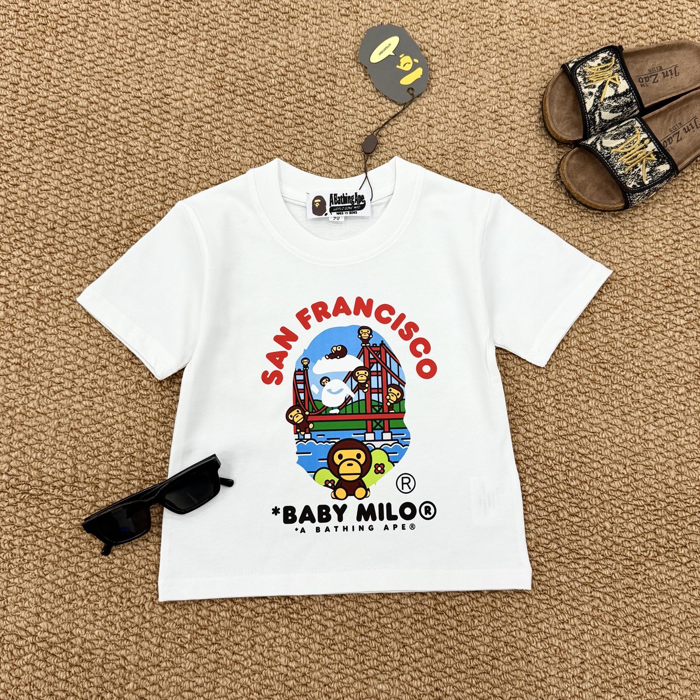 Bape A Bathing Ape Unisex Kids San Francisco Baby Milo Print Crew Neck Cotton Short Sleeve T-Shirt Boys Girls Sizes 90-160