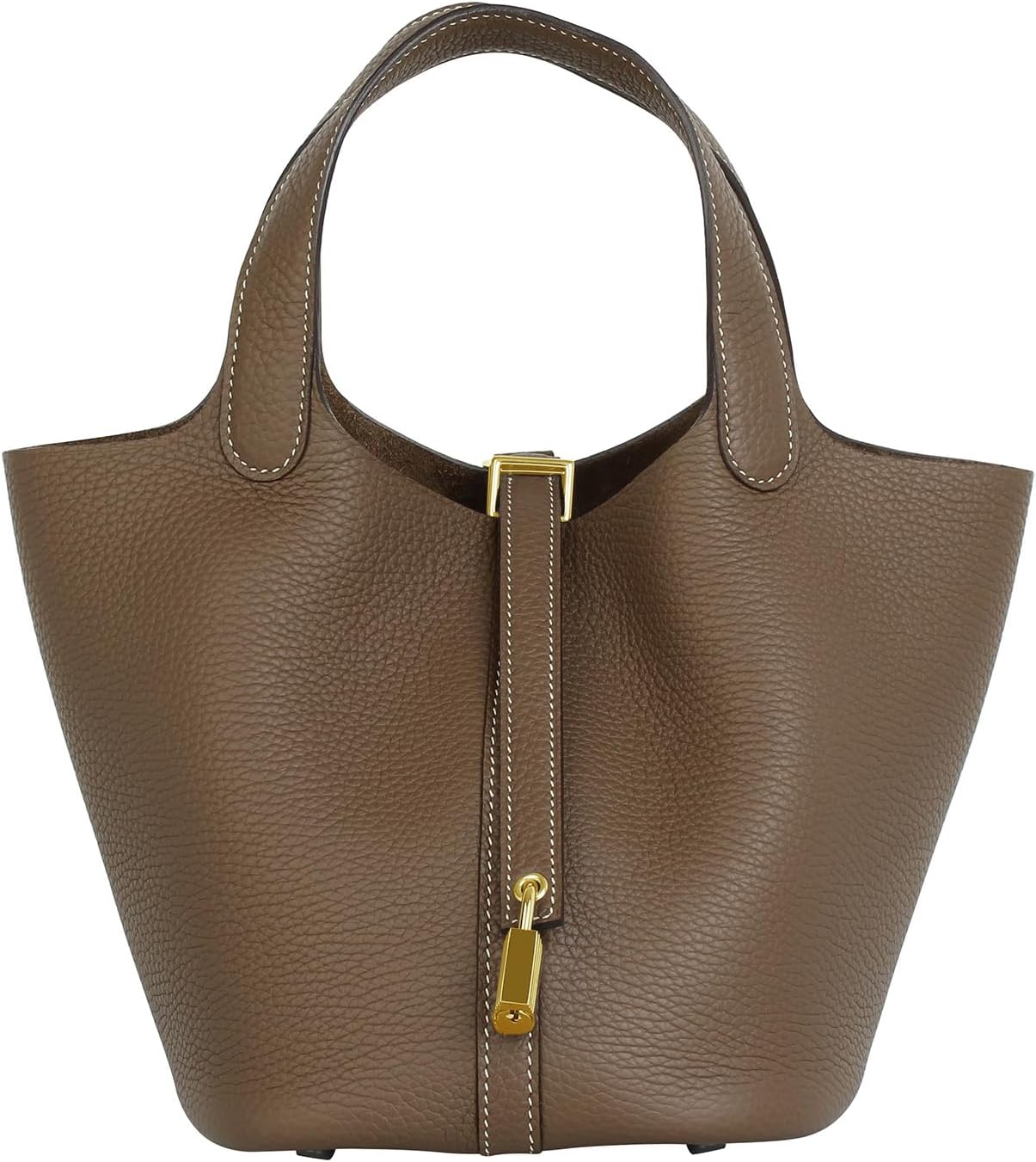 Lafillmiss Genuine Leather Bucket Bag for Women Handheld tote bag with metal clasp, bohemian-style market tote bag(Elephant gray-gold)