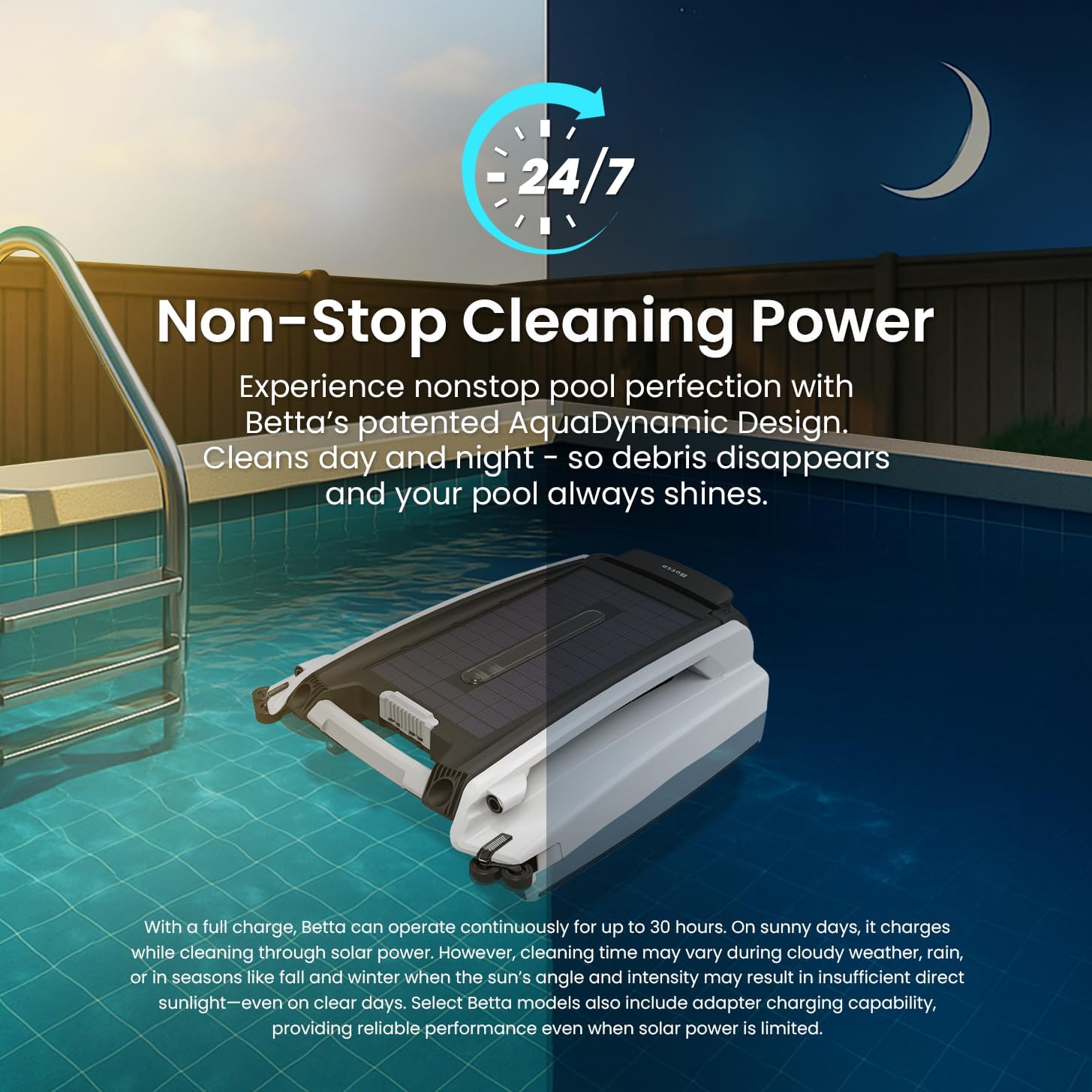 Betta SE Solar Powered Automatic Robotic Pool Surface Skimmer Cleaner with 24/7 Continuous Cleaning Battery Power and Re-Engineered Twin Salt Chlorine Tolerant Motors