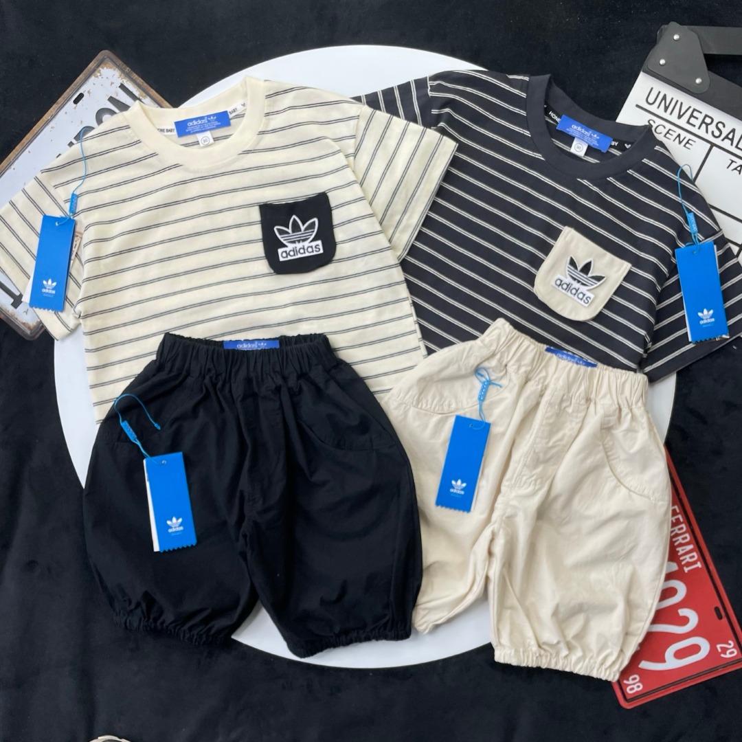Adidas Kids 2Pcs Striped Tee & Bloom Shorts Outfit For Boys Girls Full Original Tags Sizes 90-150