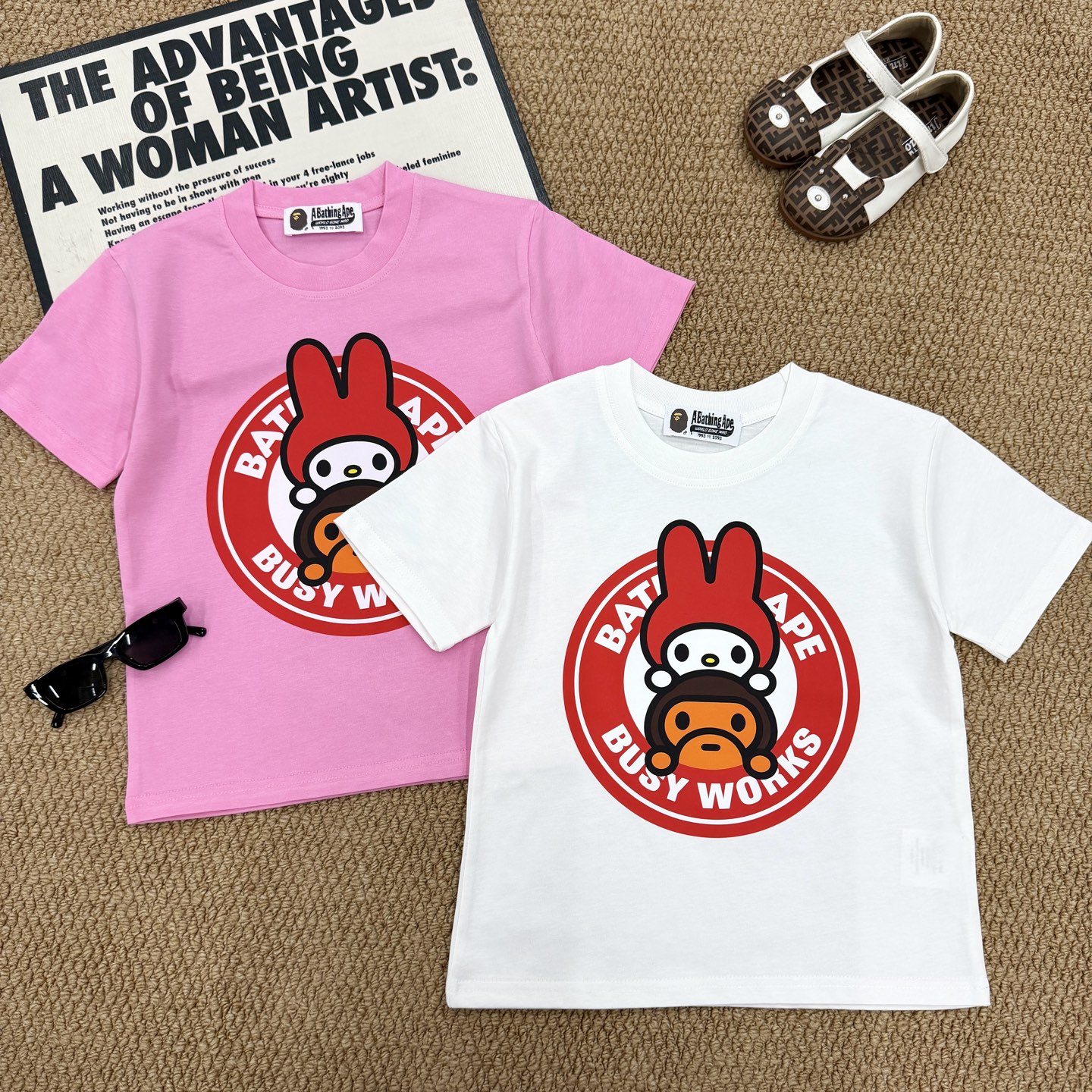 Bape A Bathing Ape Unisex Kids My Melody Baby Milo Circle Logo Crew Neck Cotton Short Sleeve T-Shirt Boys Girls Sizes 90-150