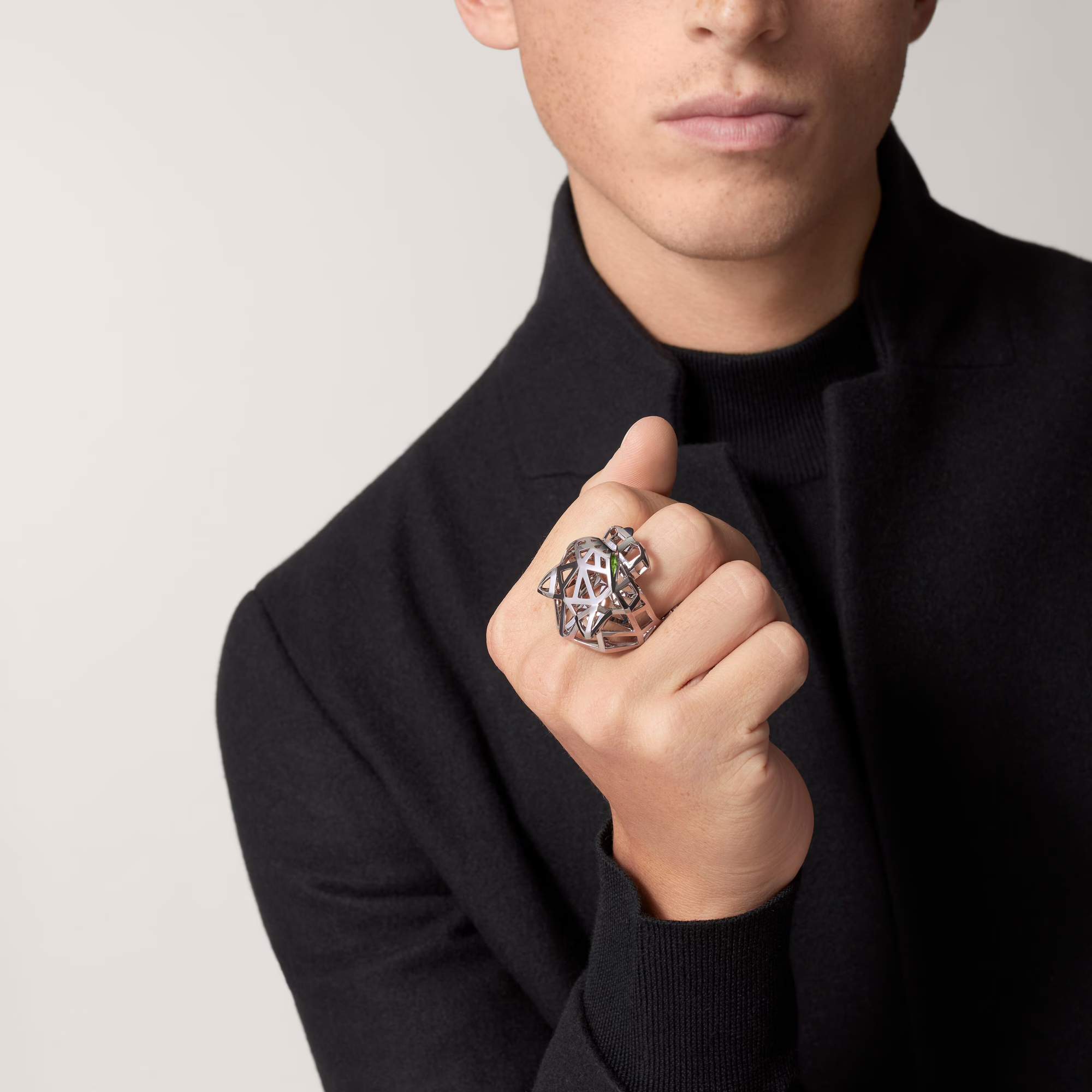 Carty Panther Lace Ring, White Gold, Onyx