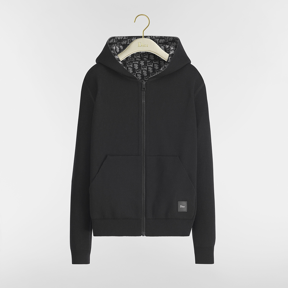 Dior black Clothing DIOR Hooded Zipped Cardigan and Regular Fit Pants Black Virgin Wool-cashmere-blend Jacquard With Dior Obl