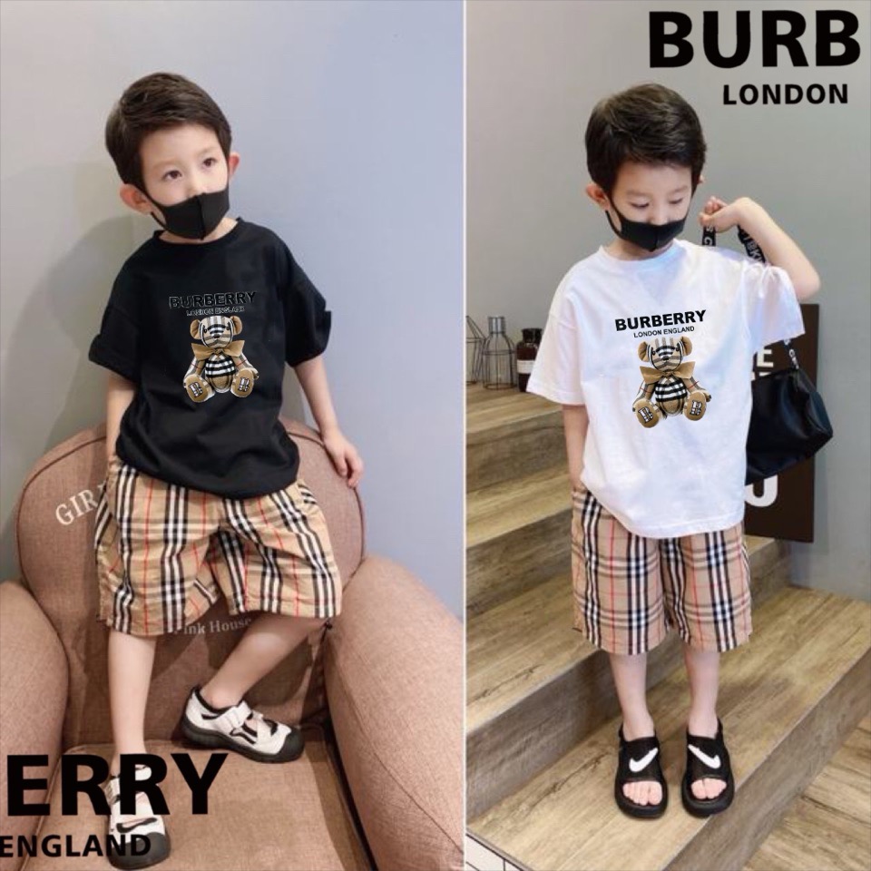 Burberry Unisex Kids Bear Print Short Sleeve T Shirt & Vintage Check Elastic Waist Shorts Two Piece Matching Set Boys Girls Sizes 90-150,