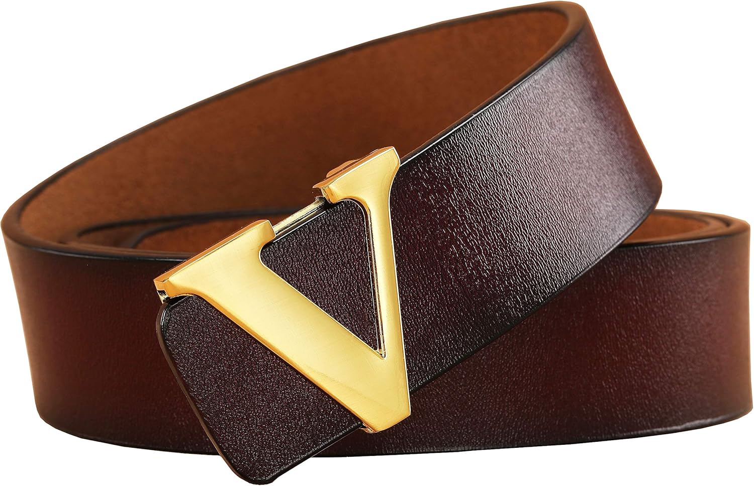 Yuangu Men's Classic Gold/Silver V-Buckle Design Soft Calfskin Belt