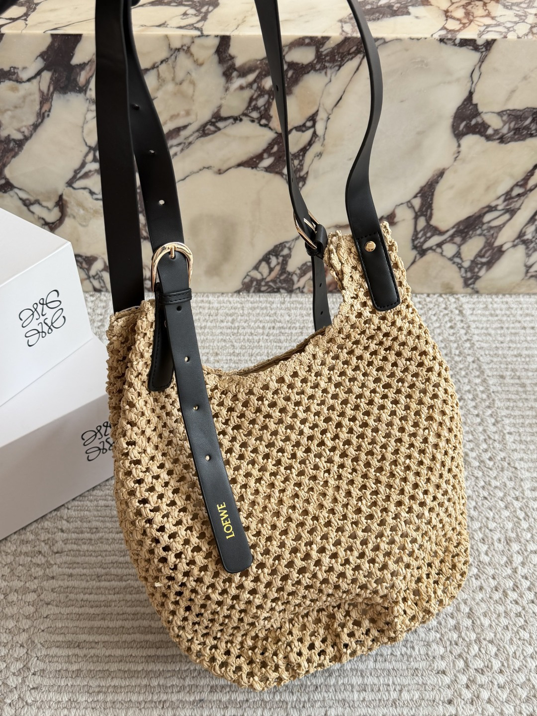 Loewe Crocheted Cotton Tote Bag with Adjustable Leather Strap (Replica)