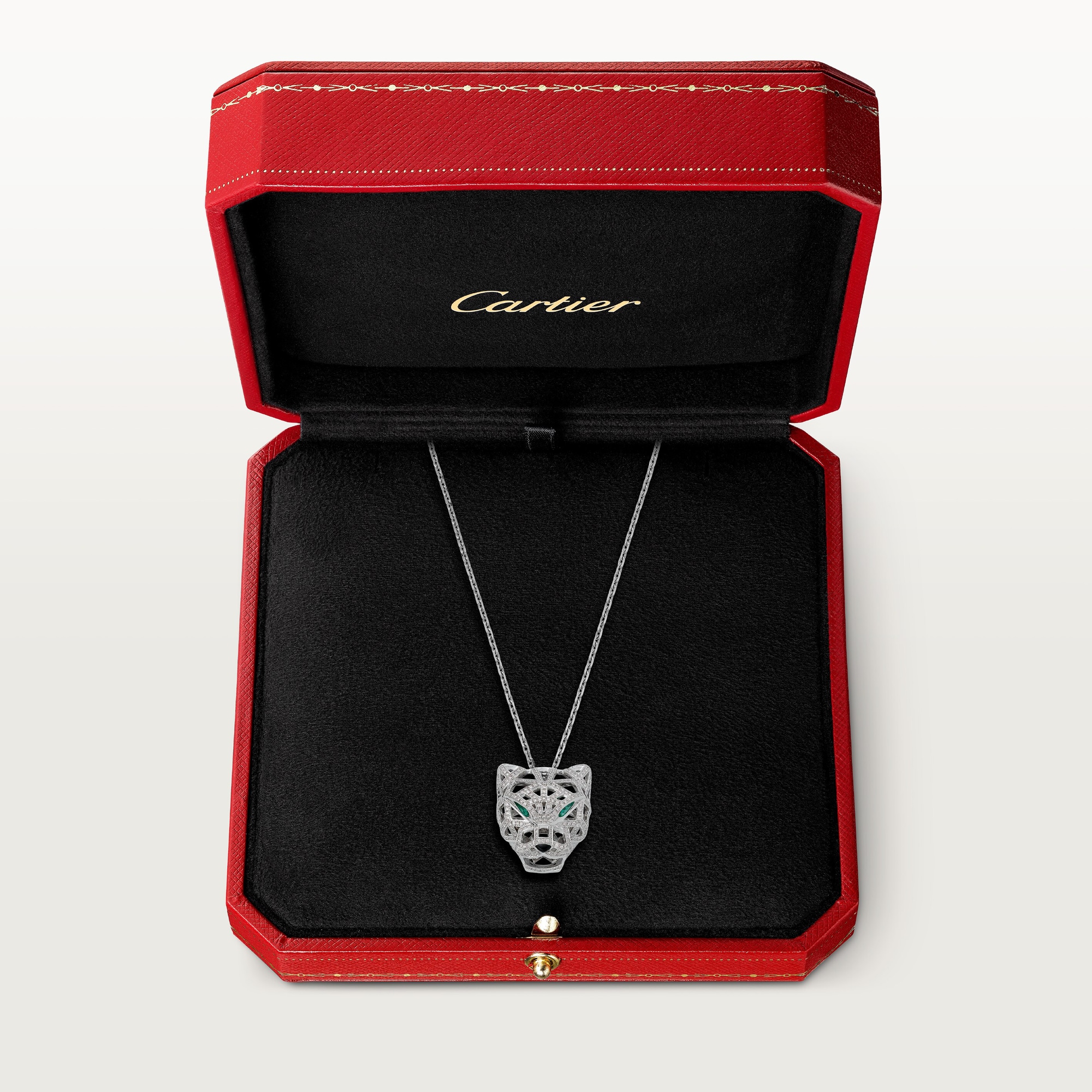 Carty Panther Lace Necklace, White Gold, Paved Moissanite