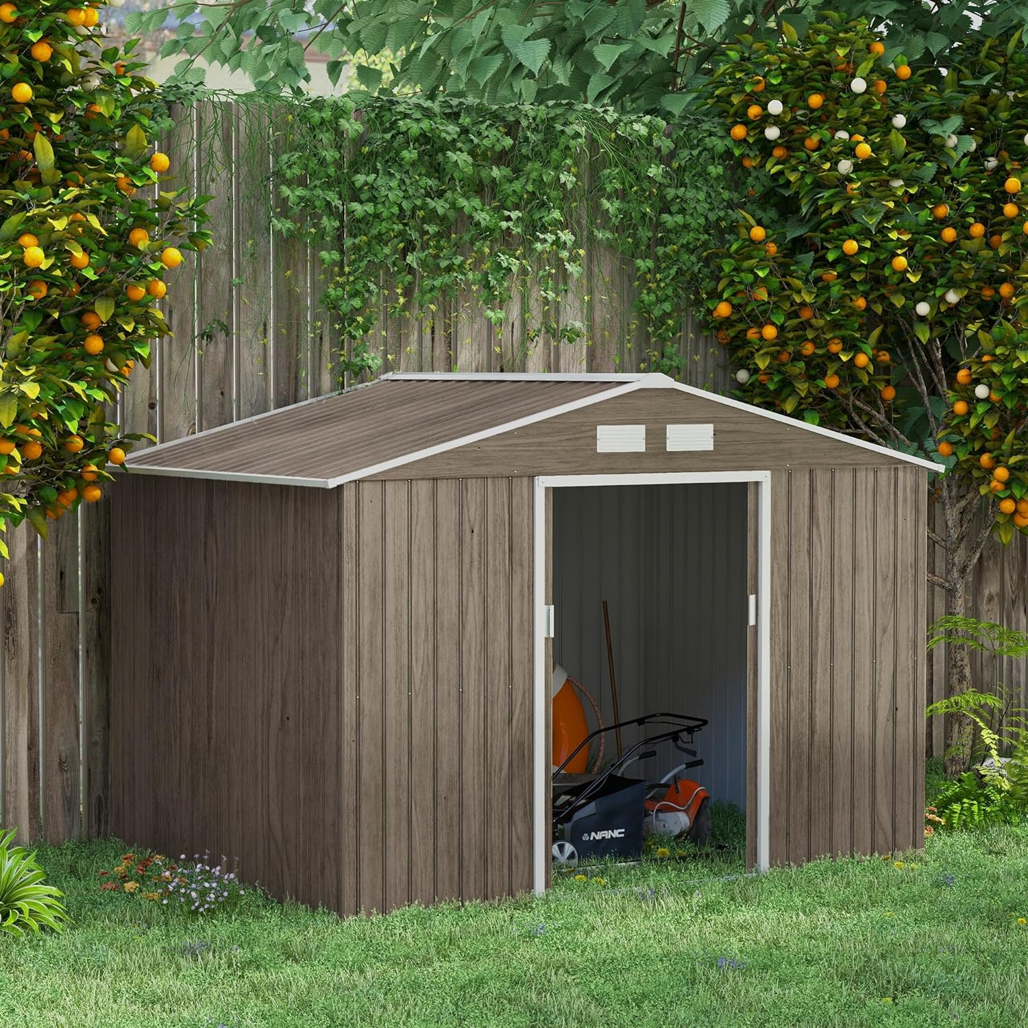 Outsunny 9 x 6ft Garden Metal Storage Shed, Outdoor Storage Tool House with Ventilation Slots, Floor Foundation and Lockable Double Doors