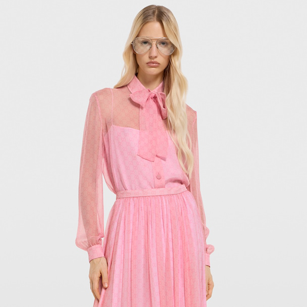 Gucci pink Clothing GUCCI Printed Silk Chiffon Shirt in Light Pink | Nigo Office