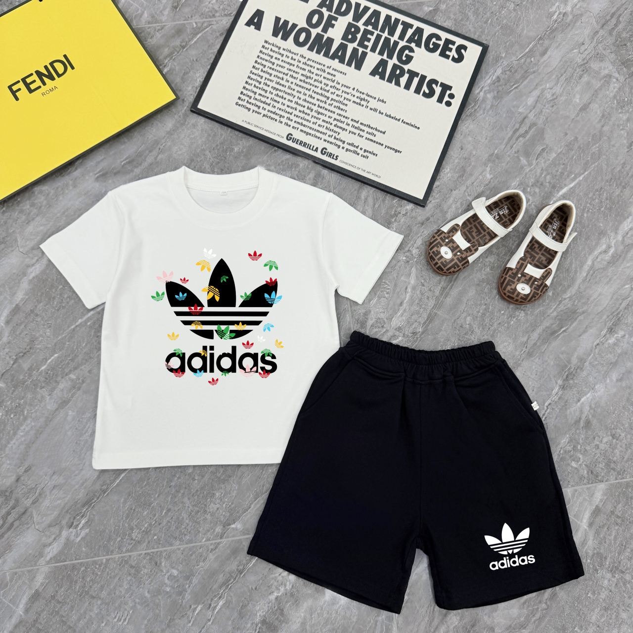 Adidas Unisex Kids 2Pcs Summer Tracksuit Colorful Mini Trefoil Print Short Sleeve Tee & Drawstring Logo Shorts Full Tags Sizes 90-150 Boys Girls Matching Sport Outfit Set