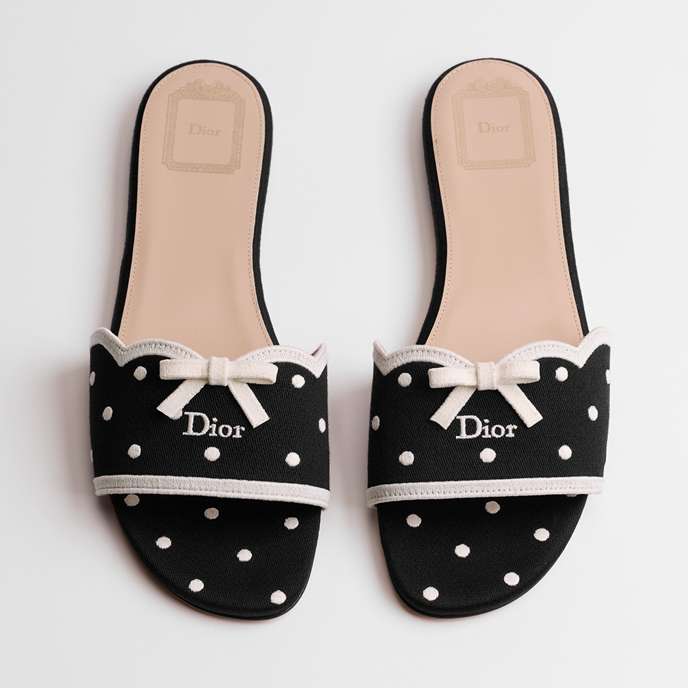 Dior black Shoes DIOR Dway Slide Black Cotton Embroidered with White PolkaDior Motif #395839 | Nigo Office