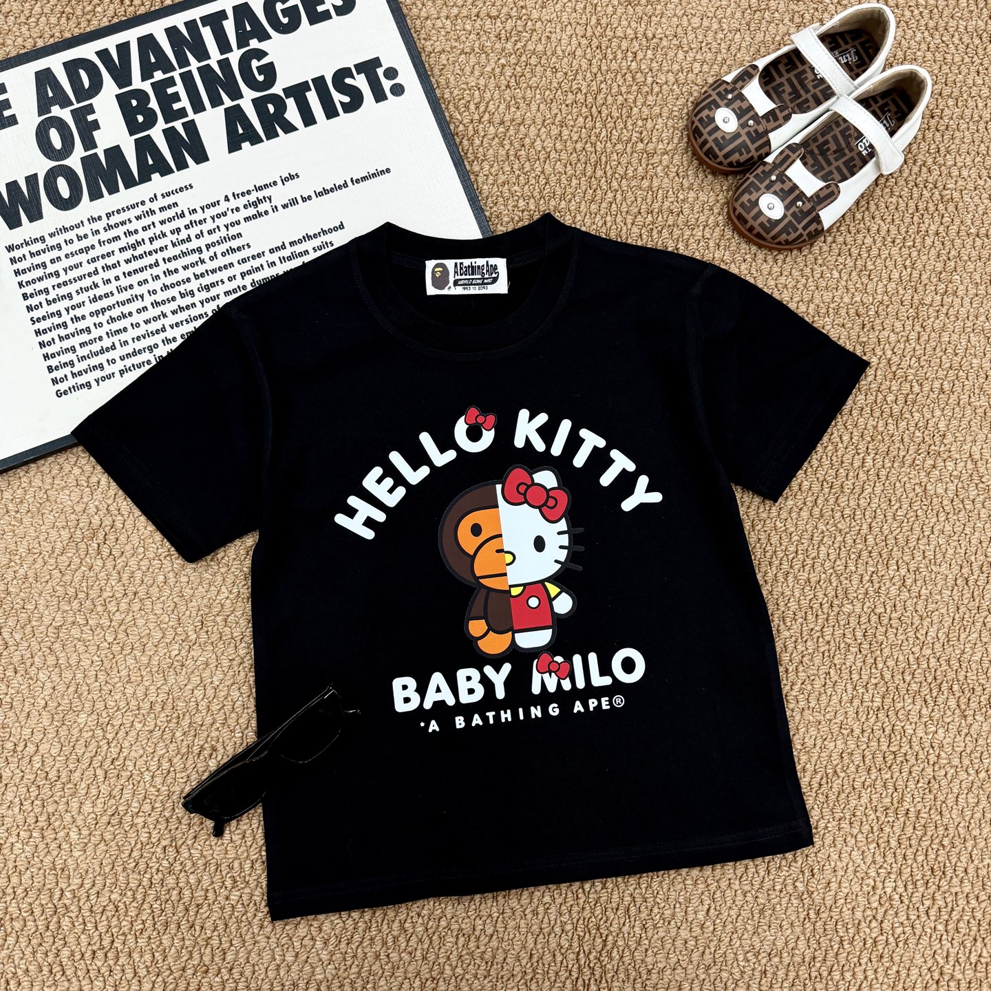 Bape A Bathing Ape Unisex Kids Bape X Hello Kitty Split Half Face Baby Milo Graphic Crew Neck Cotton Short Sleeve T-Shirt Boys Girls Sizes 90-160 Black