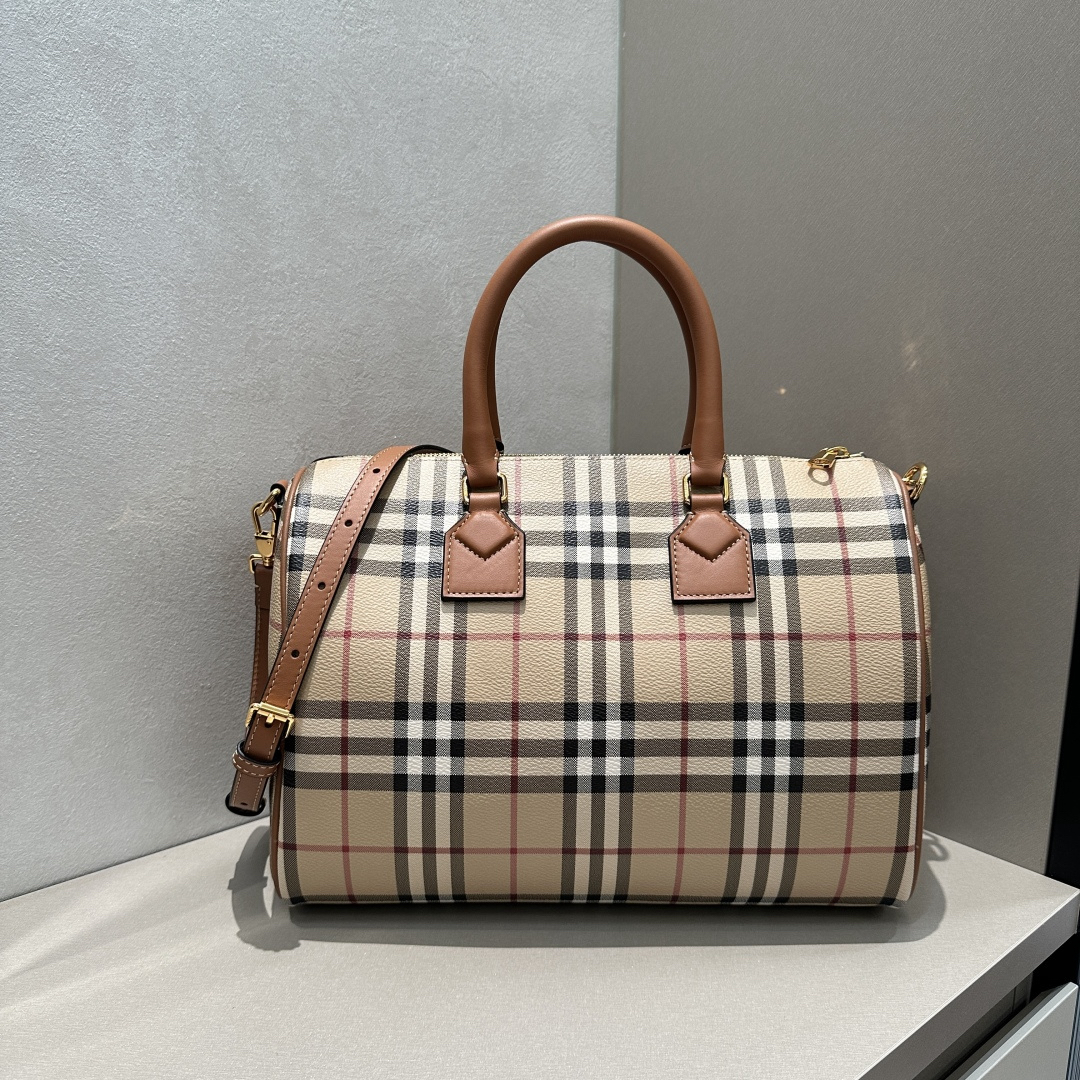 [TOP] BURBERRY Vintage Plaid Boston Bag 30x15x21cm - Khaki and Brown - 711 Luxury