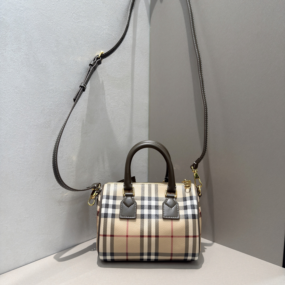 [TOP] BURBERRY Mini Plaid Boston Bag 18.5x11x12cm - Khaki and Gray - 711 Luxury