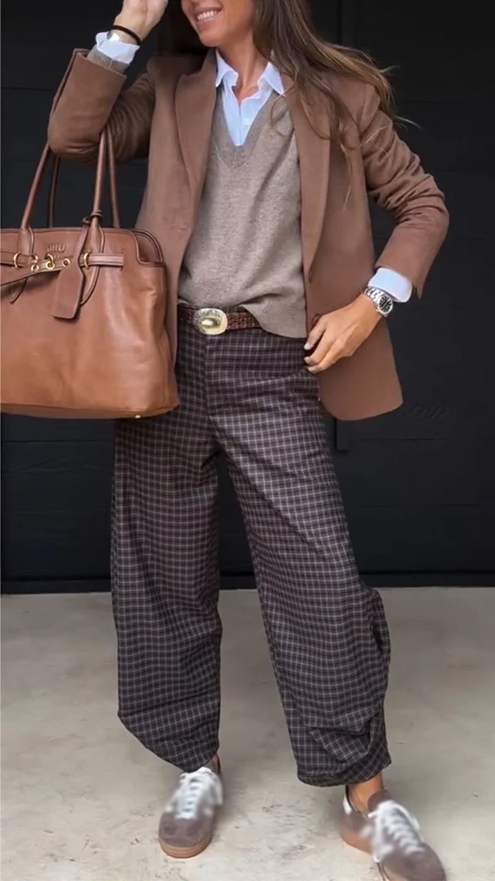 Women Temperament Commuting Collar Blazer+ Plaid Pants