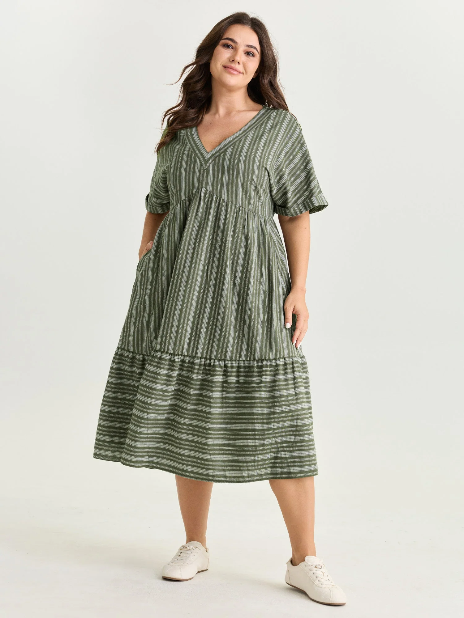 Striped Print V-Neck Midi Dress