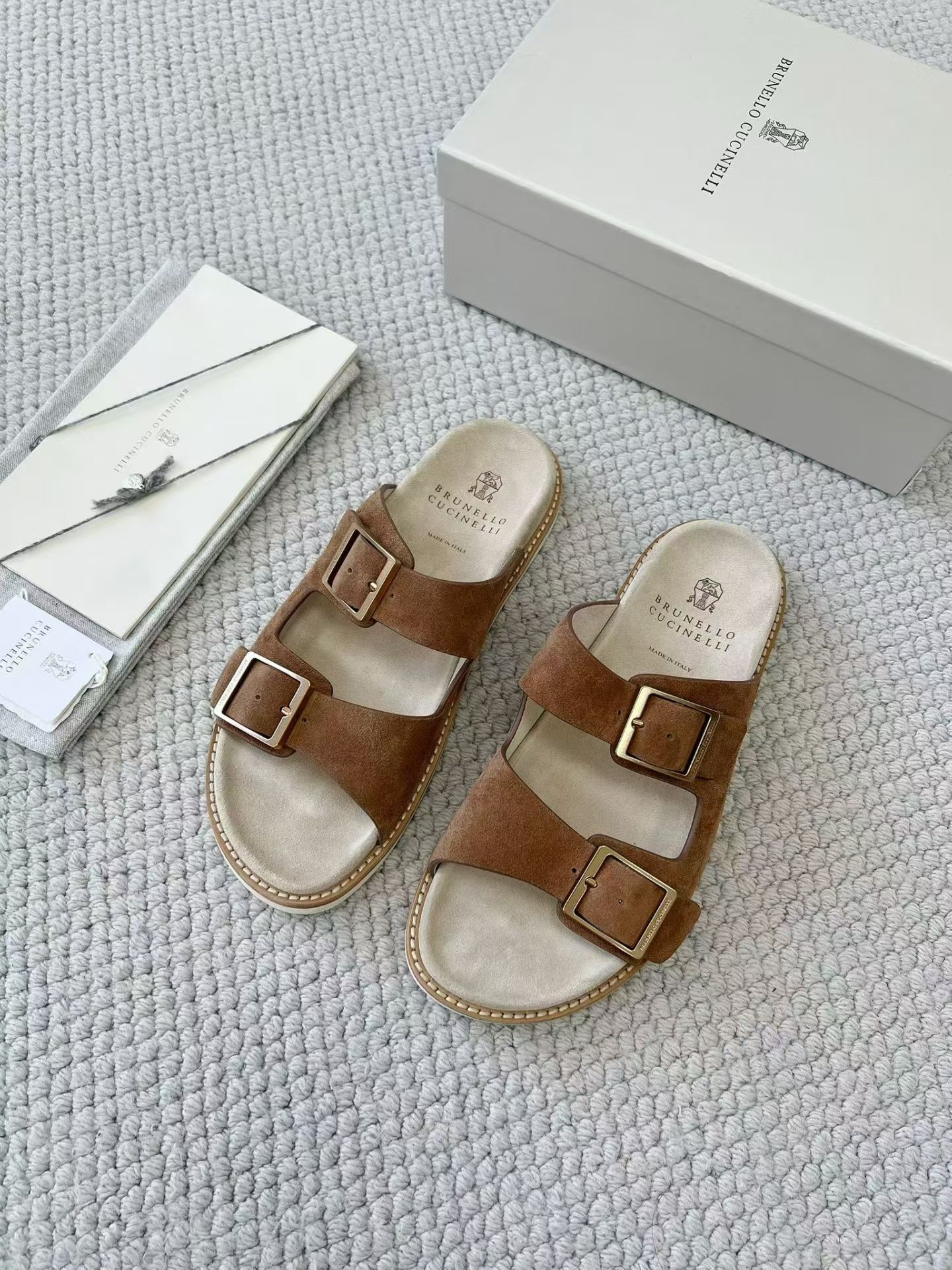 Brunello Cucinelli Shoes Brunello Cucinelli Suede slides with buckles for Man in Hazelnut #377264 View 2 | Nigo Office