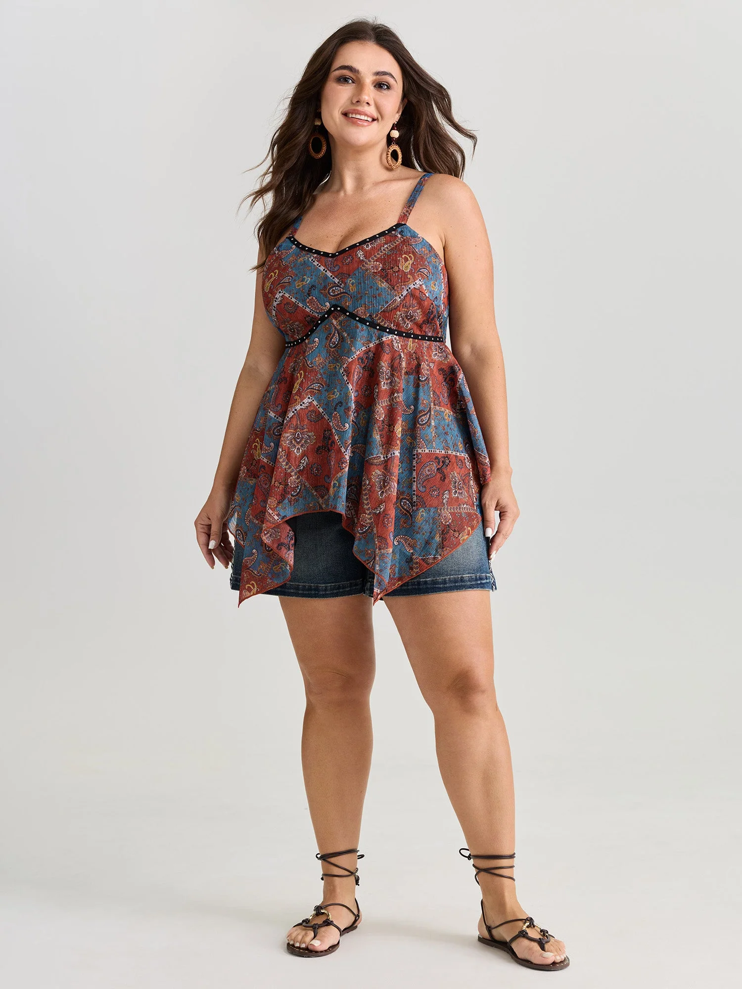 Paisley Print Handkerchief Hem Tank Top