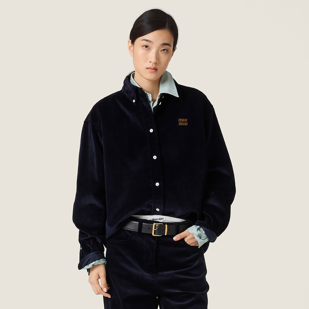 Designer navy Clothing MiuMiu Navy Corduroy And Suede Shirt View 2 | Nigo Office