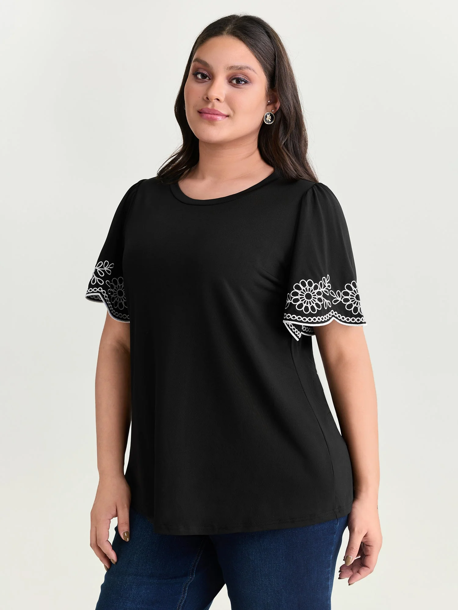 Stretchy Embroidered Sleeve Plain T-Shirt